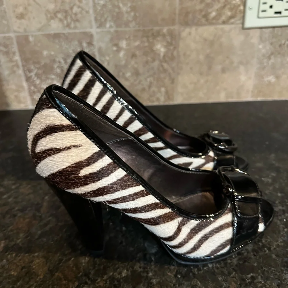 Isola Zebra Print Peep Toe Heels with Black Accents - Picture 2 of 6